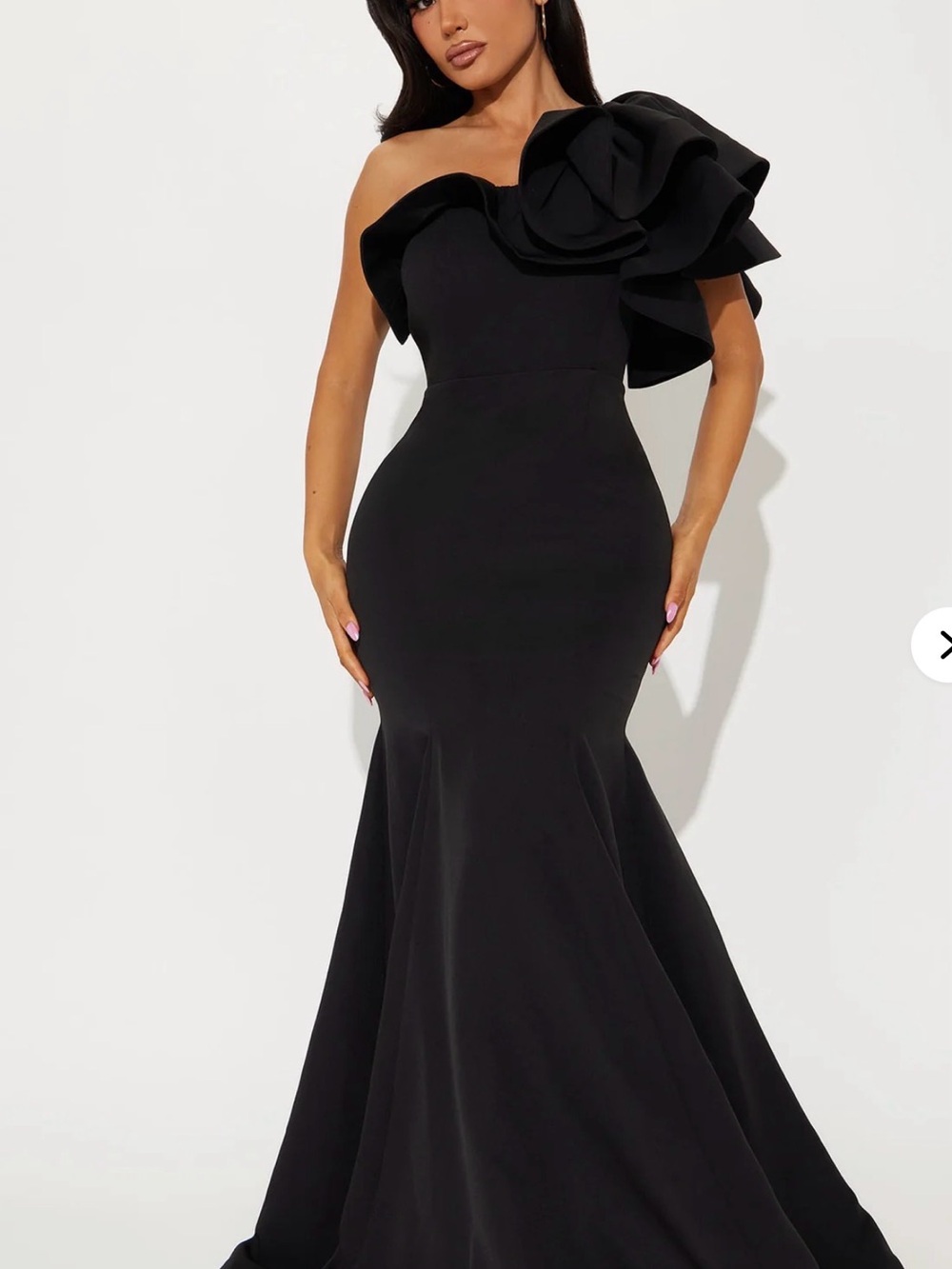 Fashion Nova Black One-Shoulder Ruffle Mermaid Gown
